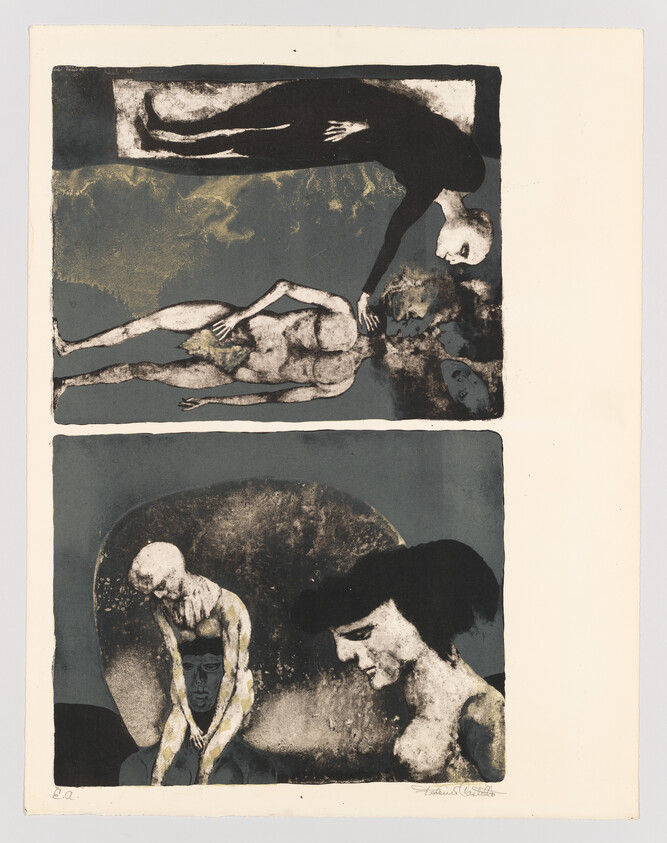 Two-panel surreal scene showing dark figures touching pale, vulnerable bodies and a smiling woman.