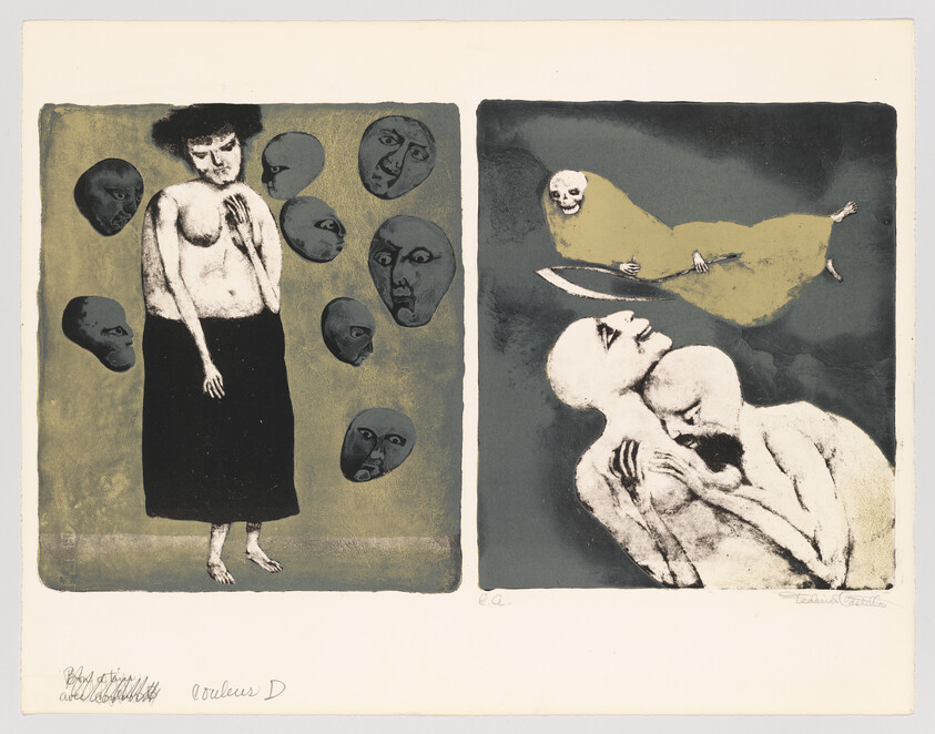 A pensive woman stands among floating disembodied faces while two figures embrace as a ghostly figure hovers.