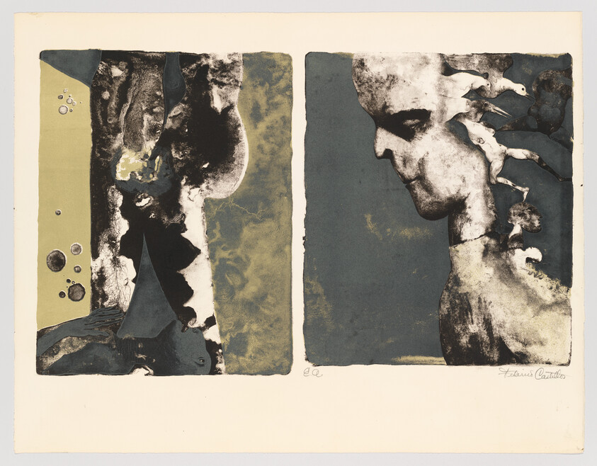 Left abstract panel with shapes and circles, right panel showing a weathered human profile with birds emerging.