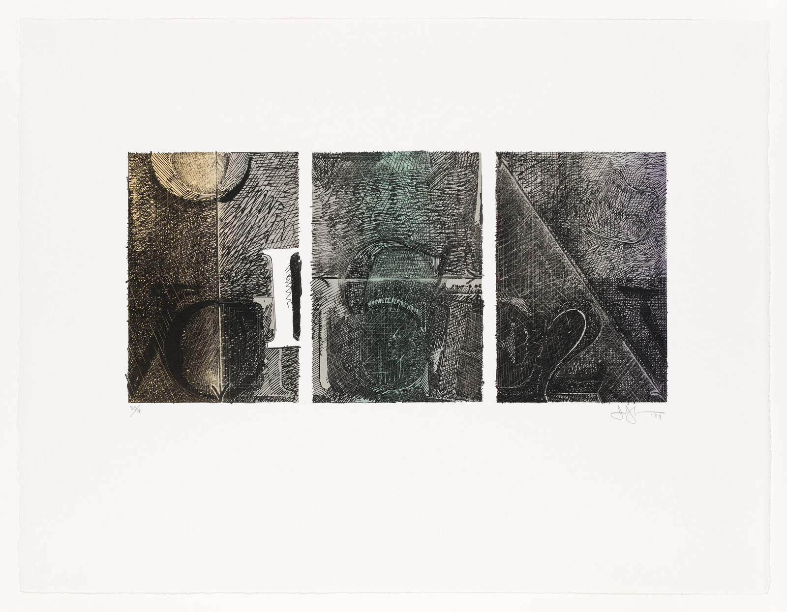 Three vertical textured panels show overlapping large letters and faint numbers in muted tones.