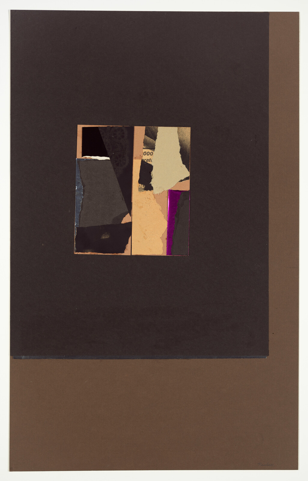 Small central collage of torn colorful paper fragments on a large dark brown background.