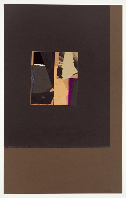 Small central collage of torn colorful paper fragments on a large dark brown background.