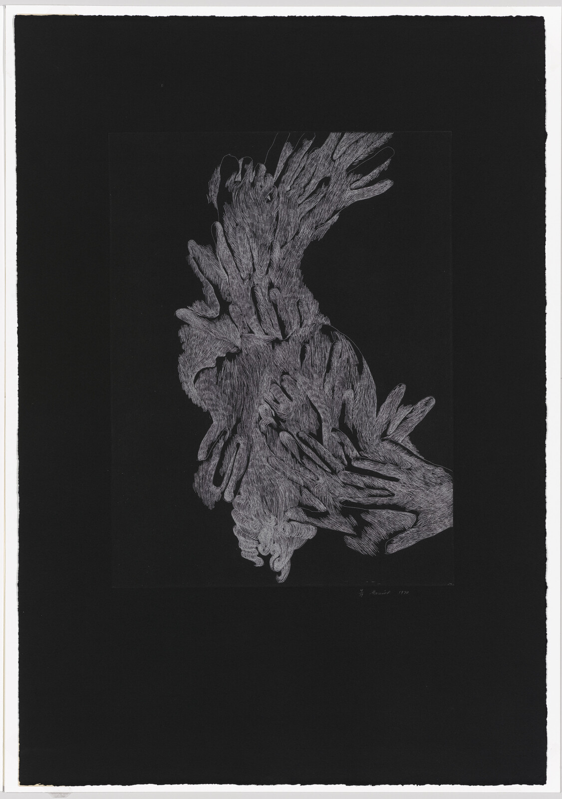 A swirling cluster of white etched hands forms a textured, abstract shape on a black background.