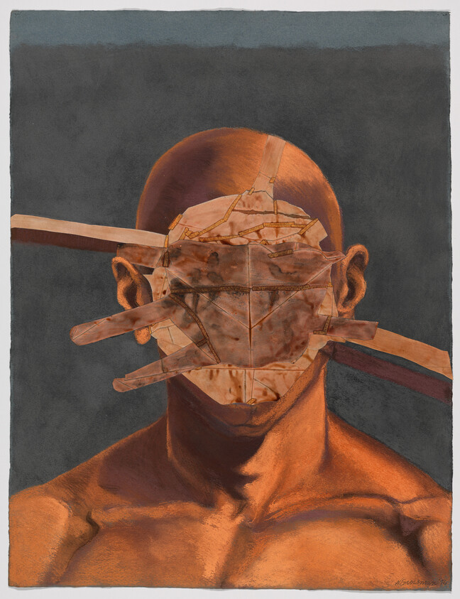 A bald figure with a patched, wooden mask strapped across the face and planks protruding.