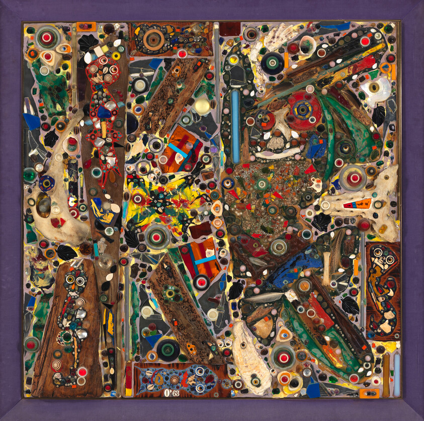 Colorful mixed-media collage of found objects and circular discs arranged in a busy mosaic within a purple frame.