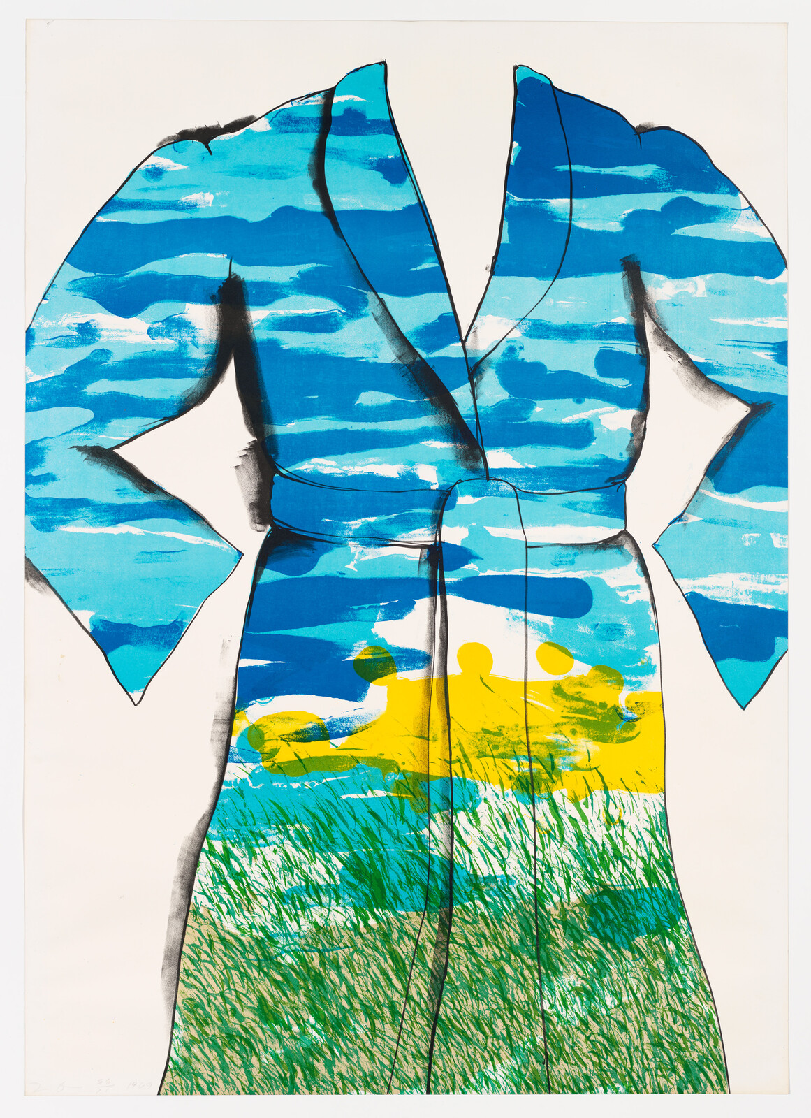 A blue robe with sky and grass patterns and a yellow sunlike shape across the waist.
