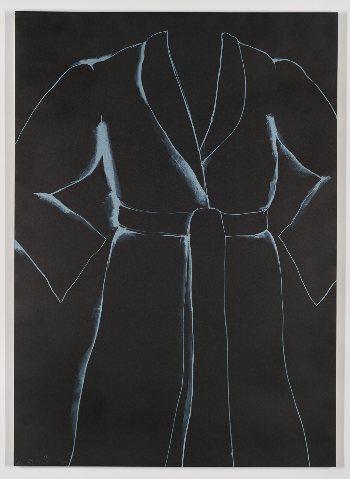 Long dark robe outlined in pale blue with a tied waist and wide sleeves.