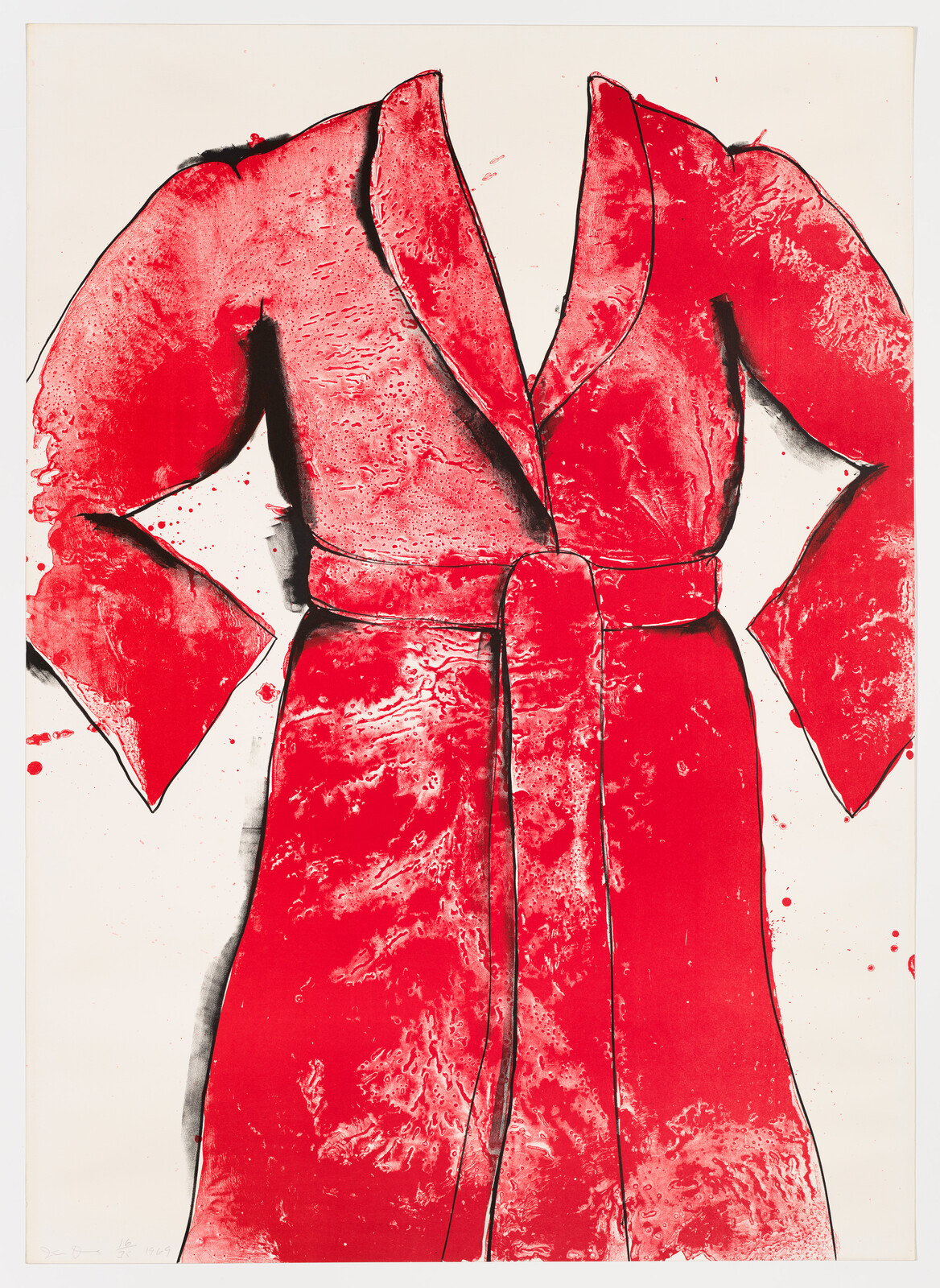 A bold red robe with wide sleeves and tied belt fills the page.