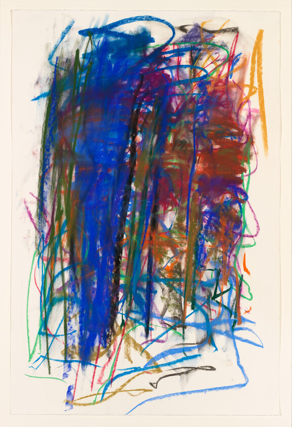 Abstract painting with bold vertical blue and red pastel strokes layered over scribbled multicolor lines.