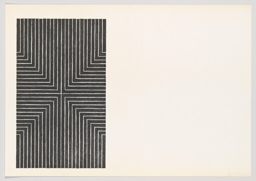 A tall black rectangle of repeating right-angle white lines forming a cross-like geometric pattern on the left.