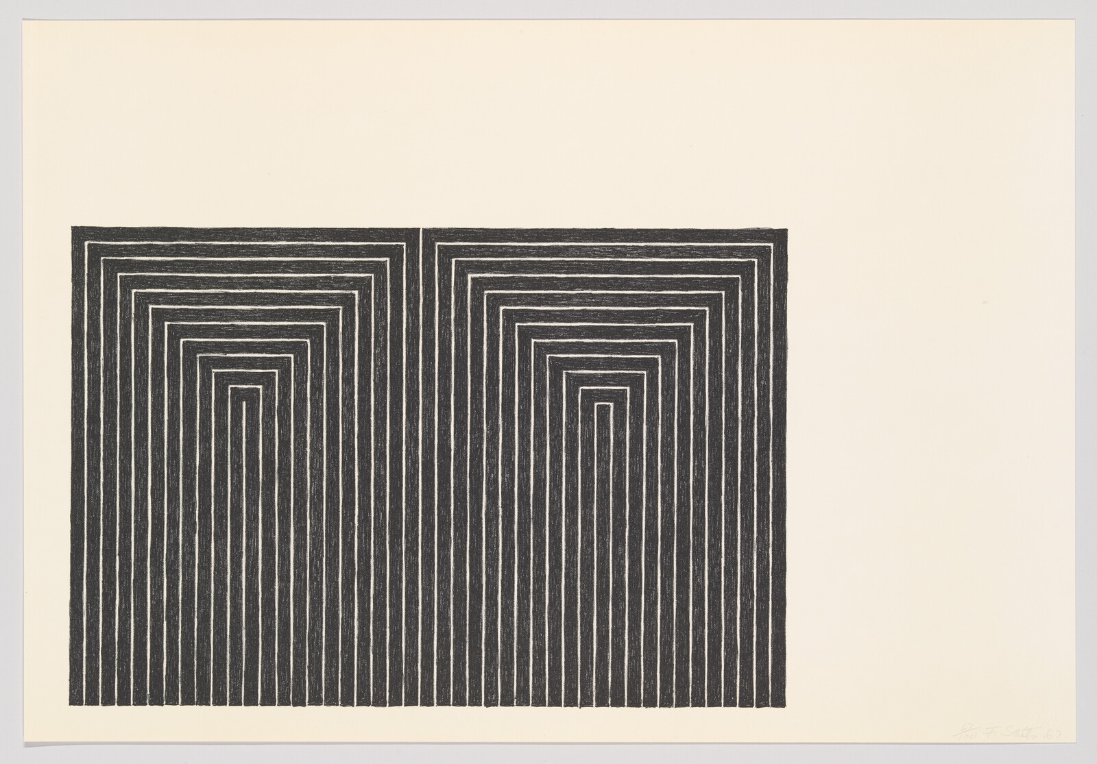 Two adjacent rectangles of repeating black lines form nested arch patterns on a cream background.
