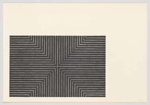 Black rectangular block of white-lined right-angle bands forming a central cross on a cream background.