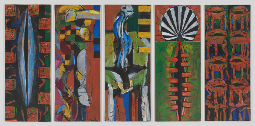 Five tall colorful abstract panels show bold shapes, stripes, and organic forms across a white background.