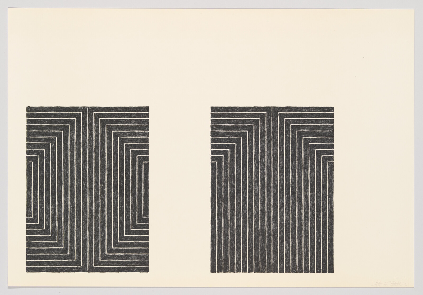Two black rectangular patterns of parallel right-angled lines stand side by side on a cream background.
