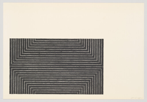 A large rectangular block of nested black right-angle lines sits on a cream background.