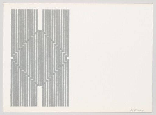 Vertical gray parallel lines form a stepped, symmetric maze-like column on the left of a blank white page.