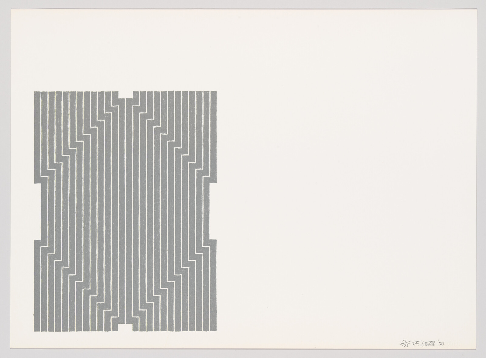 A rectangular block of vertical gray stepped lines forming a symmetrical maze pattern on left white background.