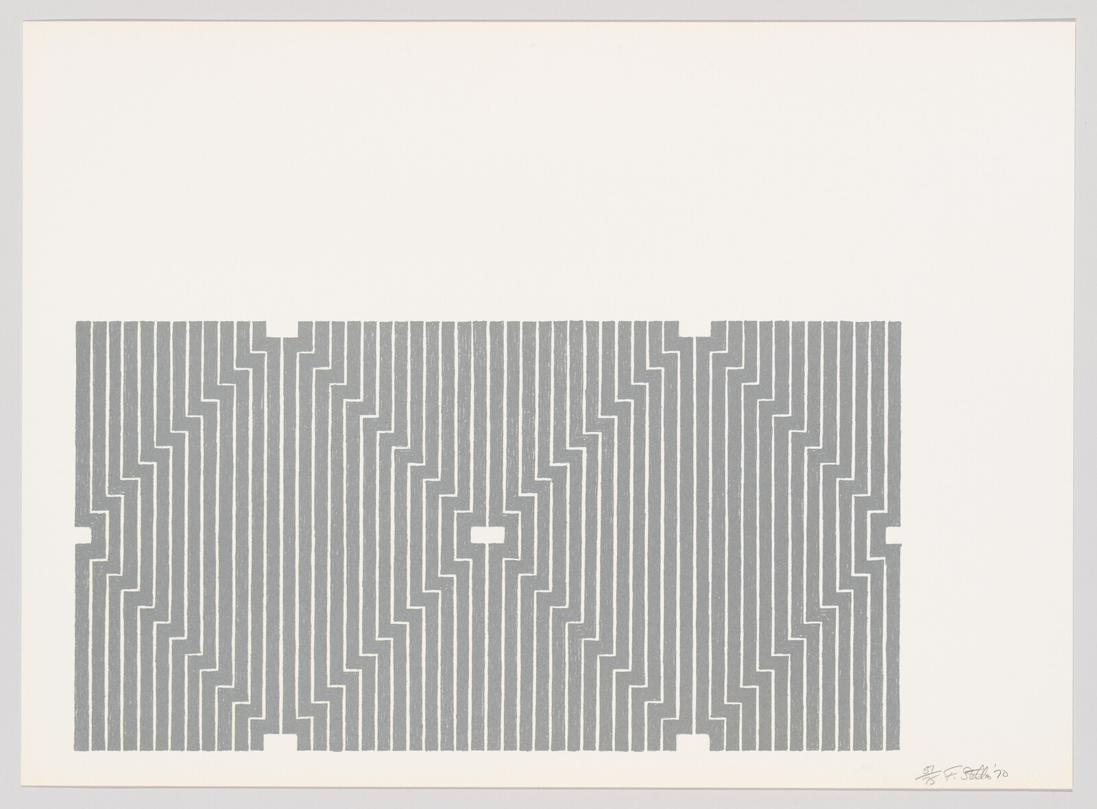A rectangular gray maze-like pattern of vertical stepped lines centered on a white background.