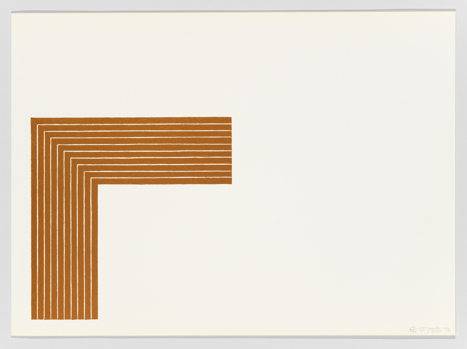 A minimalist artwork featuring a series of brown lines forming a right-angled, stepped pattern on a white background, signed and dated in the lower right corner.