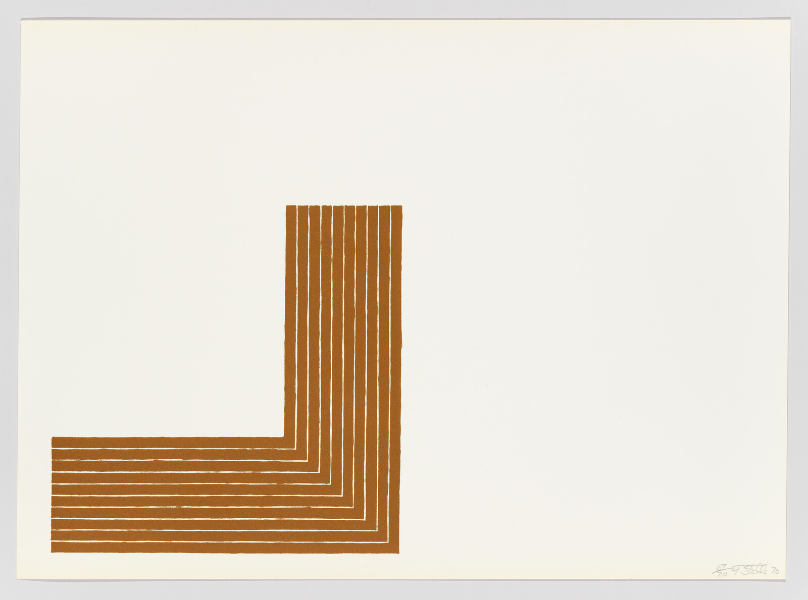 Graphic print with brown vertical and horizontal lines forming an L-shape on a white background, signed by the artist.