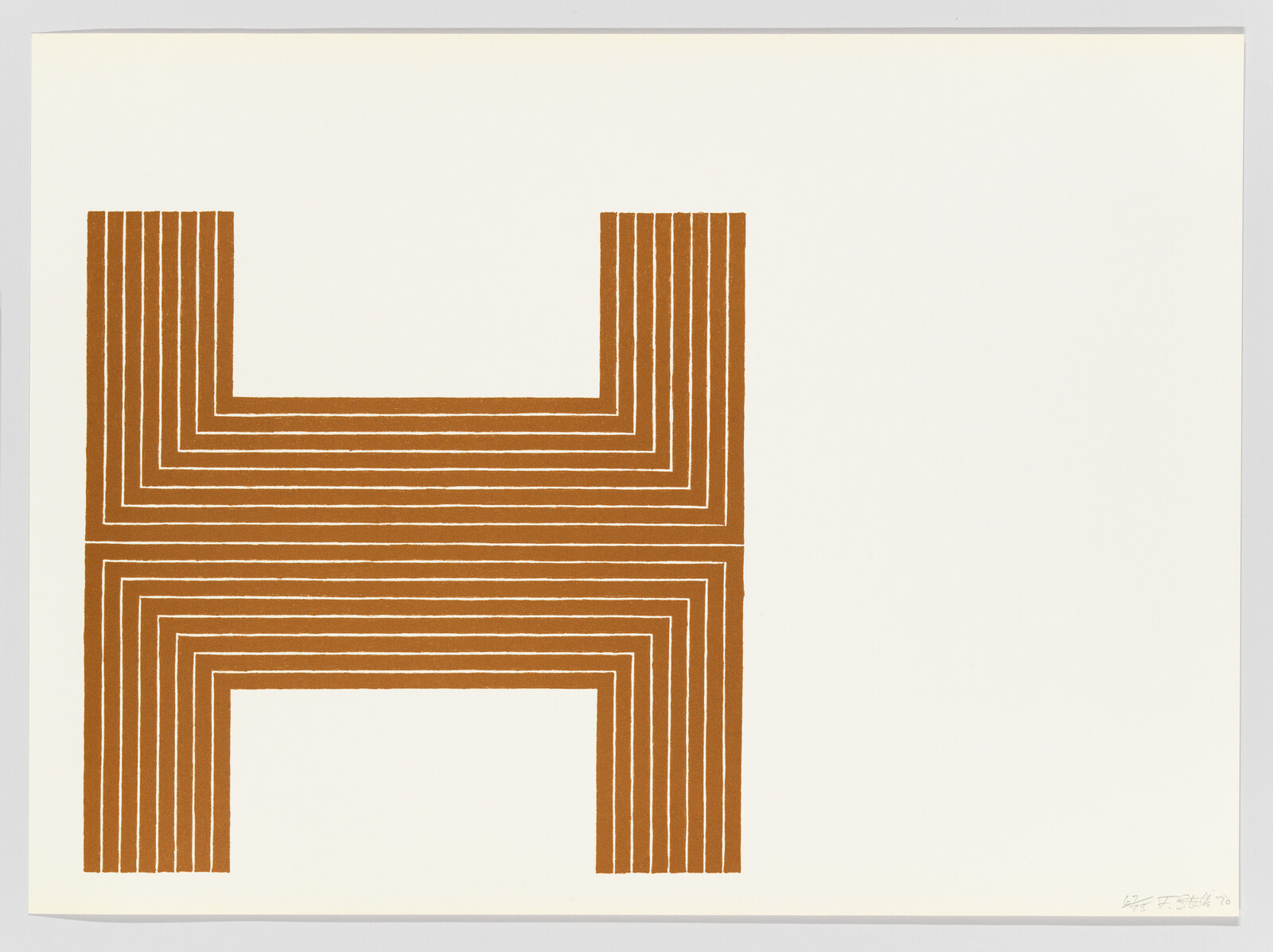 A geometric artwork featuring a series of brown lines forming a stylized letter "H" on a white background, with the artist's signature and the year '70 in the bottom right corner.