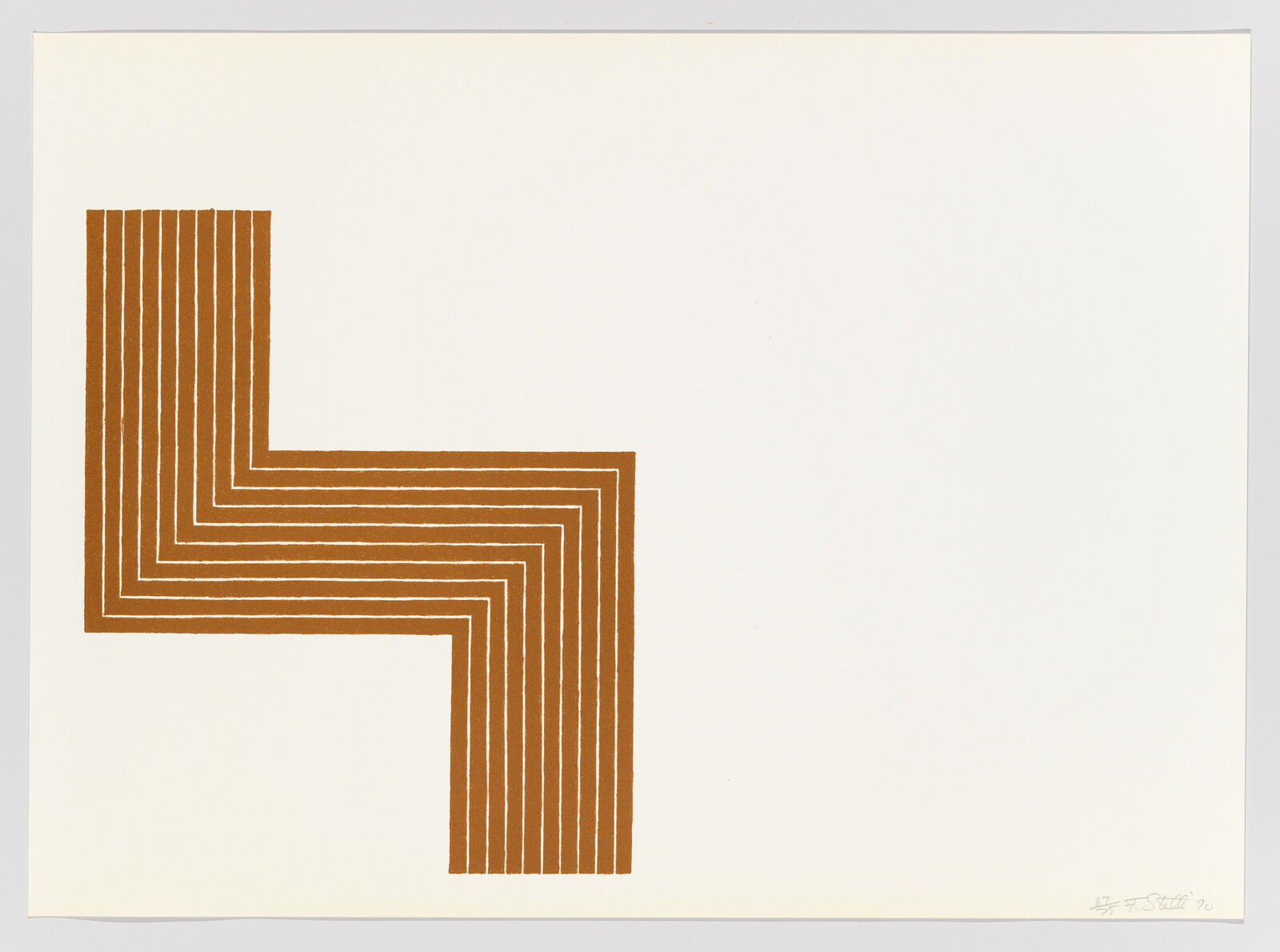 A minimalist graphic artwork featuring a series of brown lines forming a stepped, angular shape resembling a corner or a stylized letter 'L' on a white background. The lines create a sense of depth through their uniform spacing and thickness. There is a signature at the bottom right corner of the image.