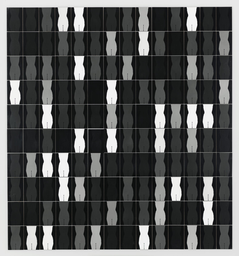 A grid of black, gray, and white torso-shaped tiles arranged in a repeating pattern.