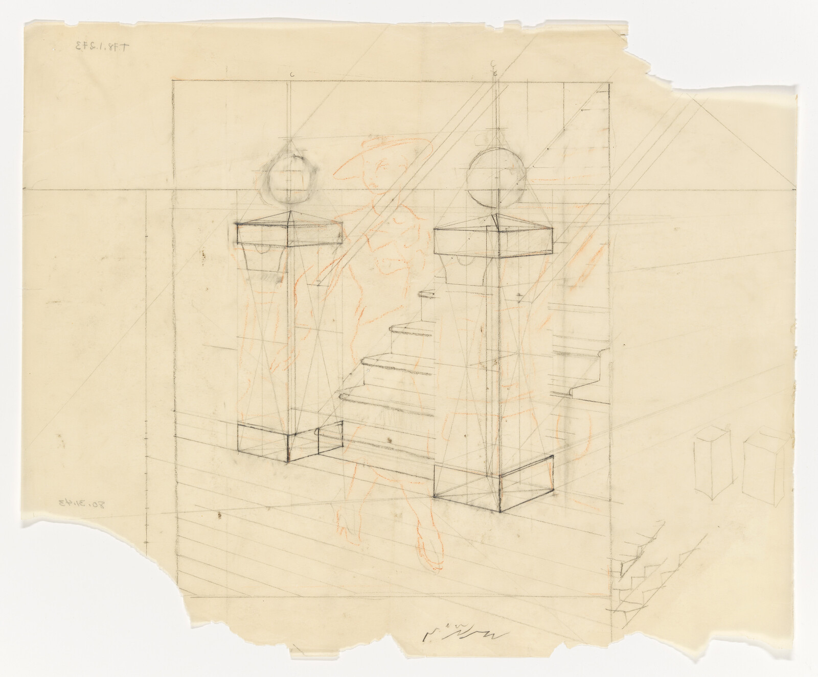 Pencil perspective drawing of a staircase flanked by two column-like newel posts and a faint figure.