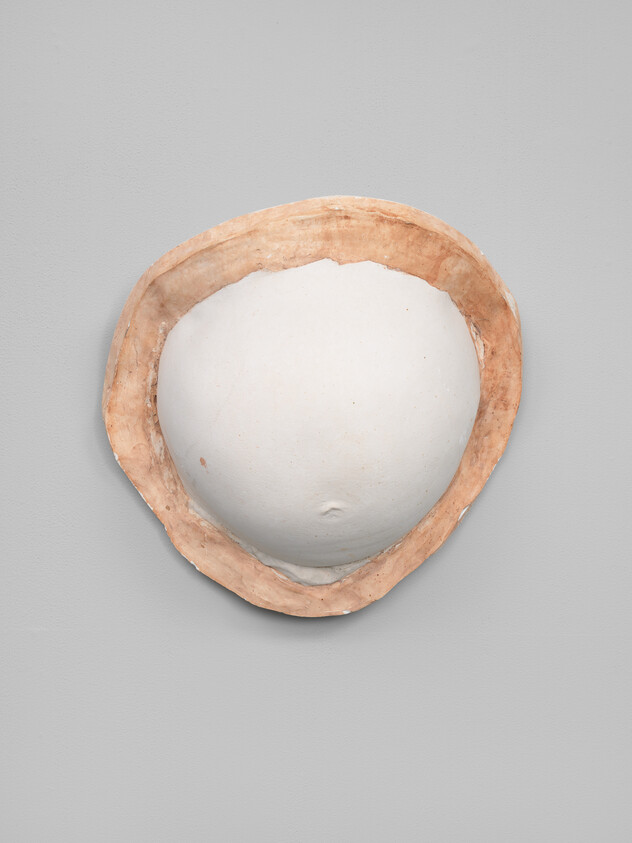 A plaster cast of a pregnant belly with a rough clay rim mounted on a gray wall.