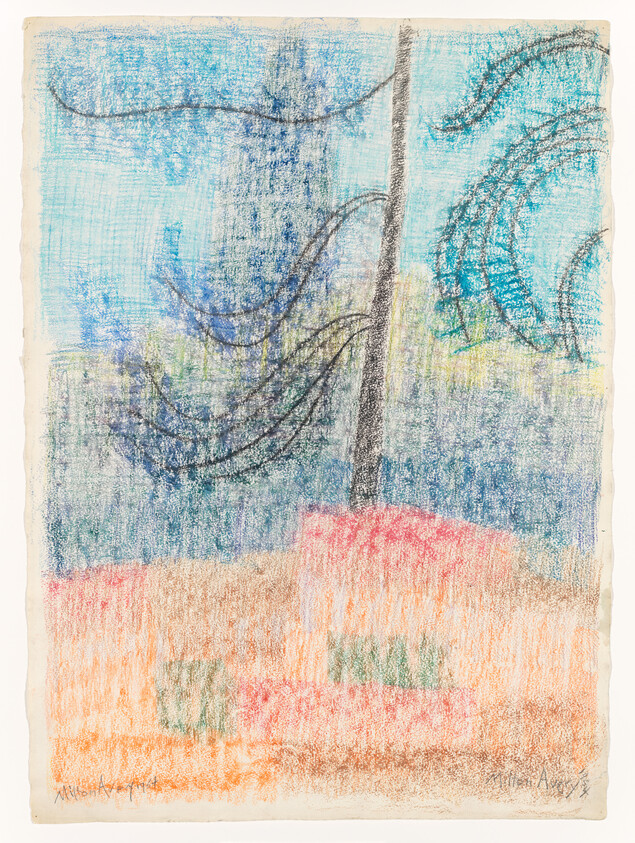 A tall tree trunk and sweeping branches over a textured, colorful meadow under a blue sky.