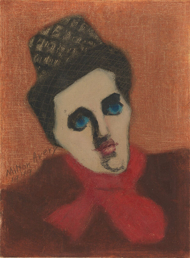 Woman in a netted hat and bright blue eye makeup wearing a red scarf looks forward.