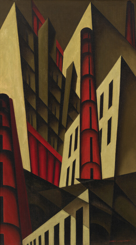 Tall angular buildings with prominent red cylindrical chimneys rise dramatically in a geometric cityscape.