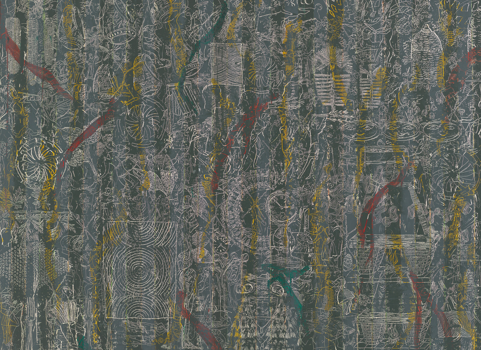 Intricate abstract art with dense, overlapping patterns and lines in yellow, red, and white on a dark background.