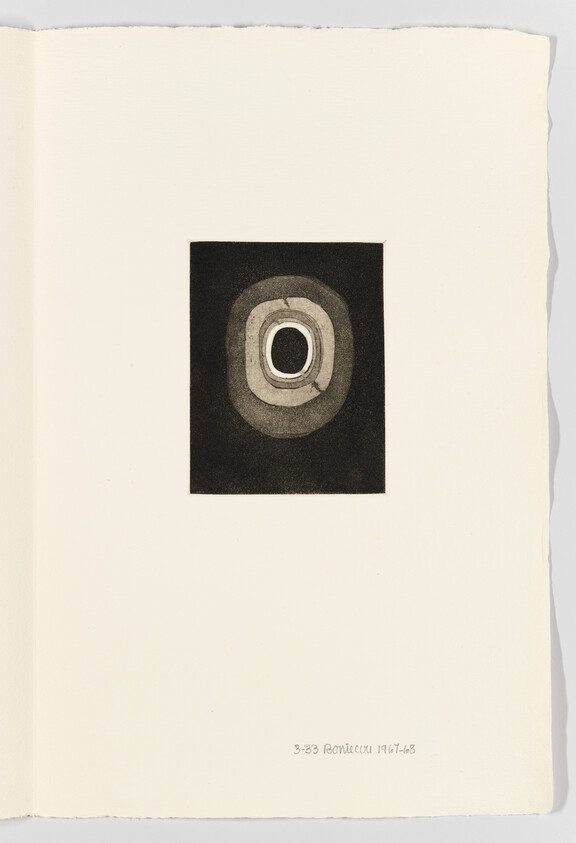 Centered small abstract print of concentric rounded rings inside a dark square on cream paper.