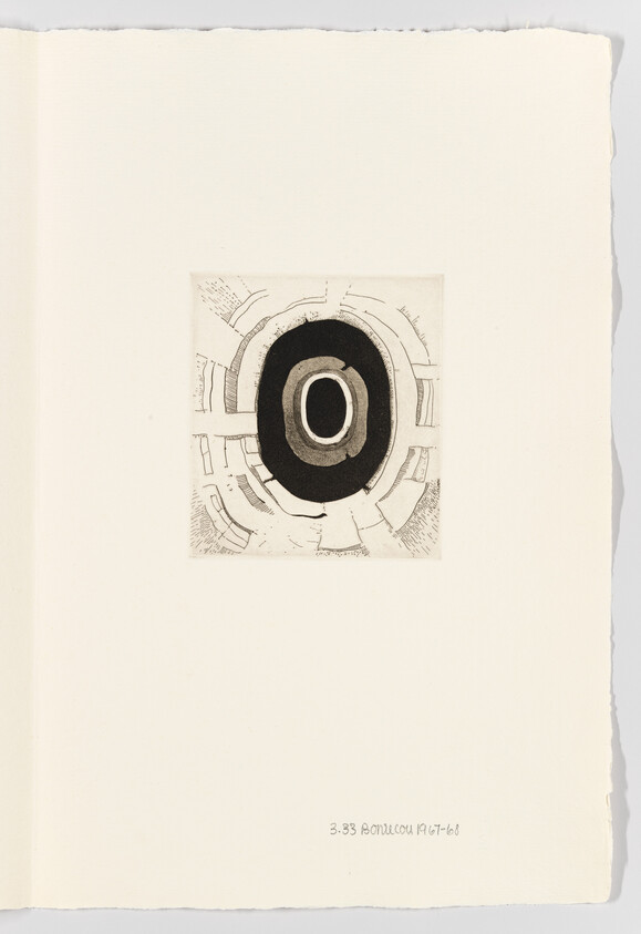Abstract print showing concentric black and gray ovals with surrounding sketch marks on cream paper.