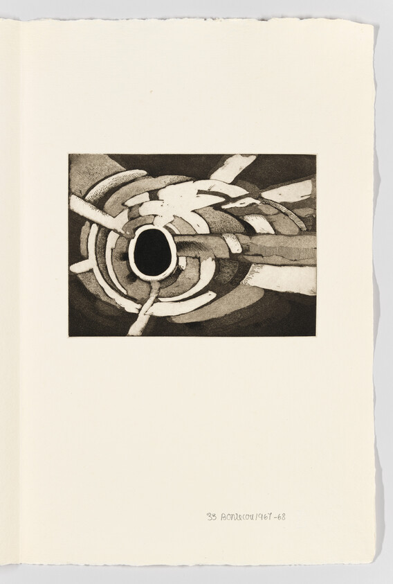 Abstract print showing a central black circle surrounded by radiating segmented concentric rings.