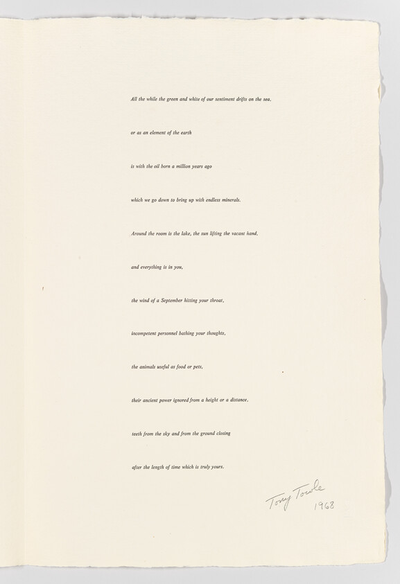 A printed poem with narrow centered lines and a handwritten signature and date at the bottom.