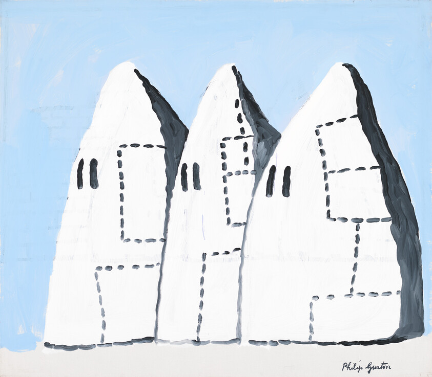 Three white ghost-like figures with small black eyes and dashed rectangular patterns against a pale blue background.