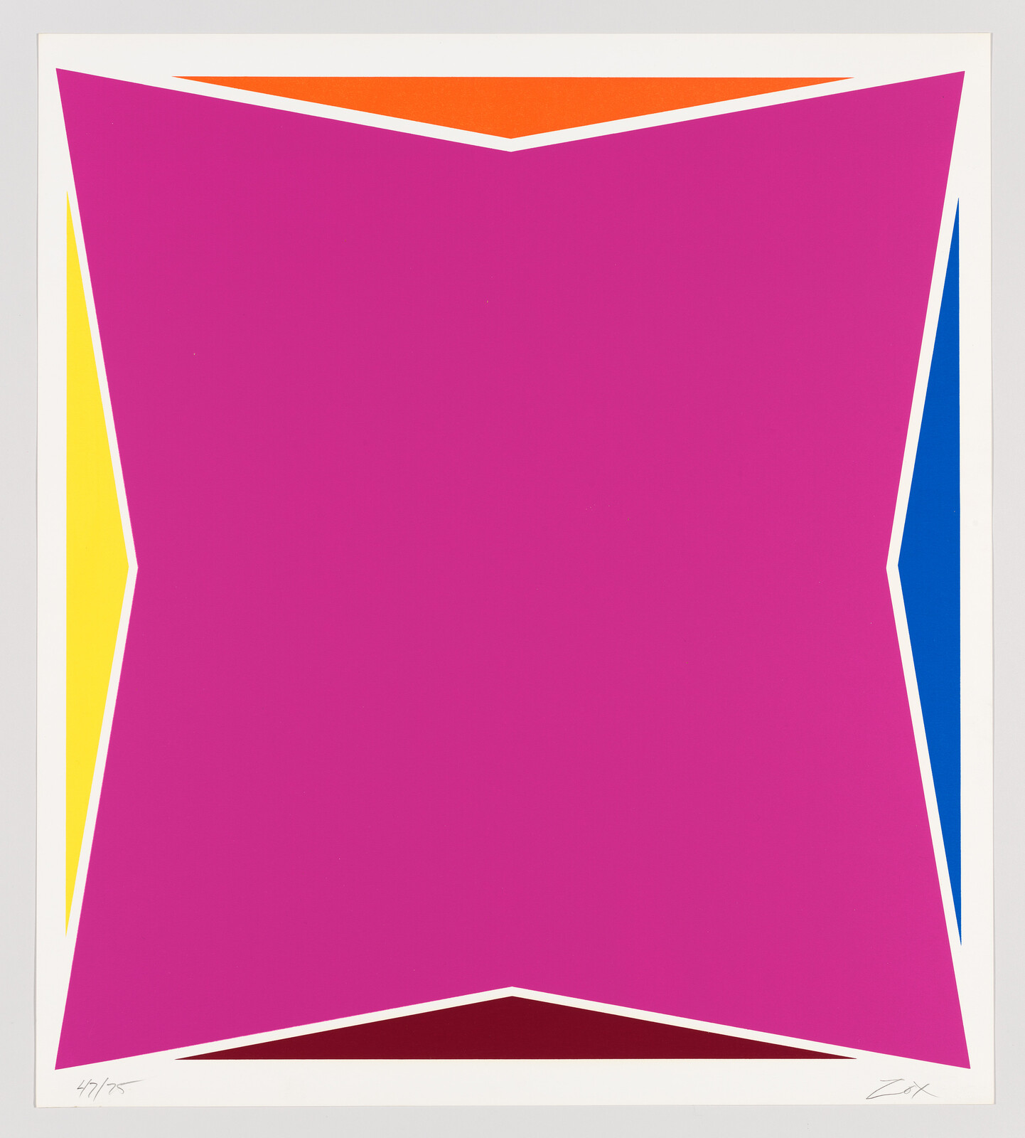 Bold magenta geometric shape with yellow and blue side wedges and orange and maroon triangular accents.