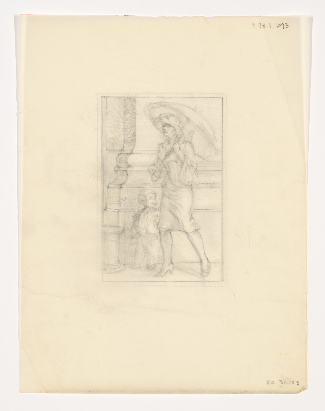 Woman holding an umbrella walks beside a small child near a stone column.