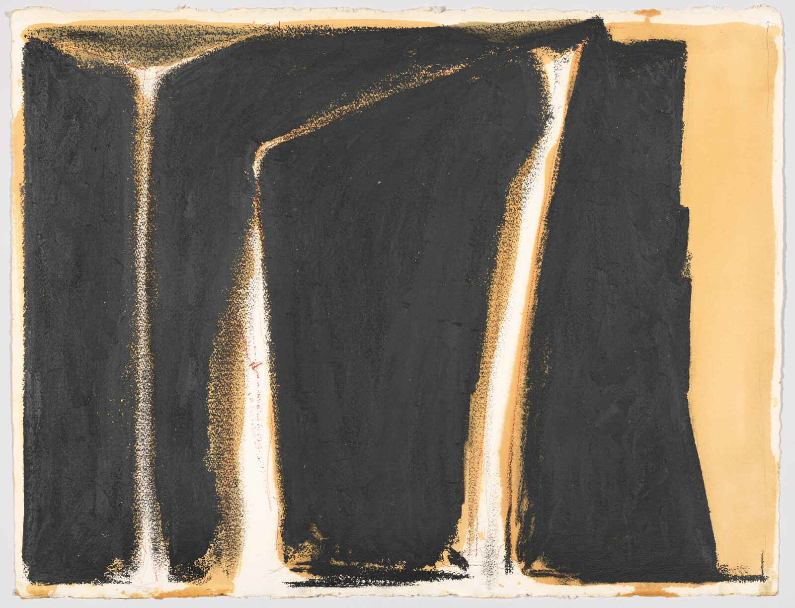 Three tall black vertical forms with narrow white and ochre streaks against a beige background.