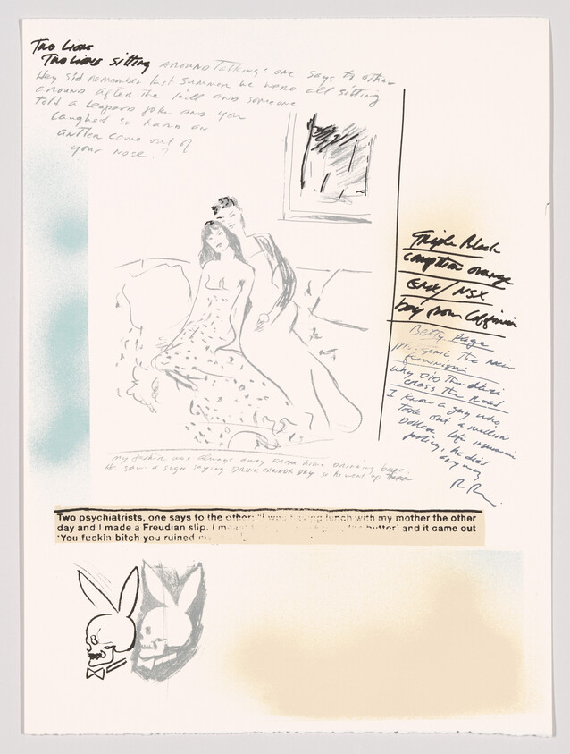 Sketch of a reclining couple with handwritten notes, a typed joke strip, and small rabbit skull illustrations.