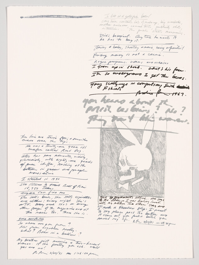 Handwritten notes surround a pencil sketch of a skull wearing bunny ears on a sheet of paper.