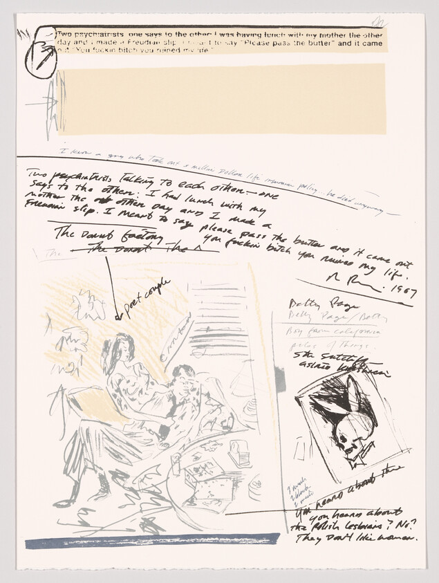 Sketchbook page with handwritten notes and a drawn couple lounging on a couch.