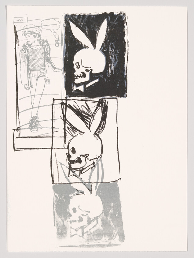 Three stacked skulls with rabbit ears are drawn vertically beside a faint sketch of a walking person.