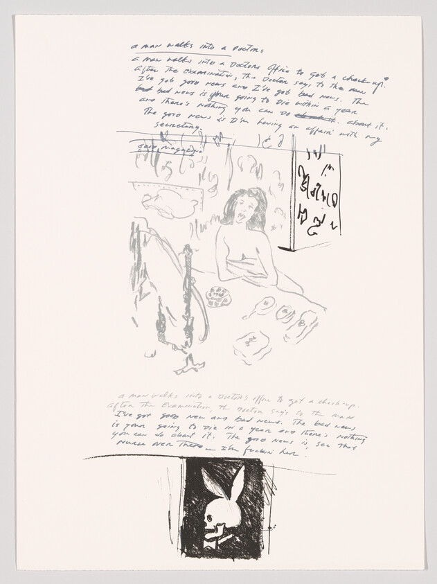 Sketch of a seated woman in bed with handwritten notes and a small skull-and-bunny drawing.