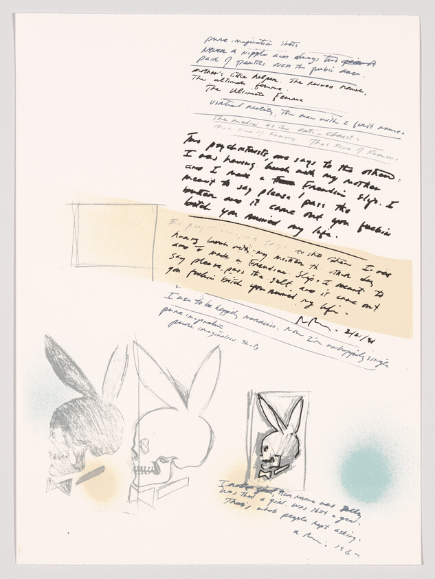 Sketches of skulls with rabbit ears and handwritten notes arranged on cream-colored paper.
