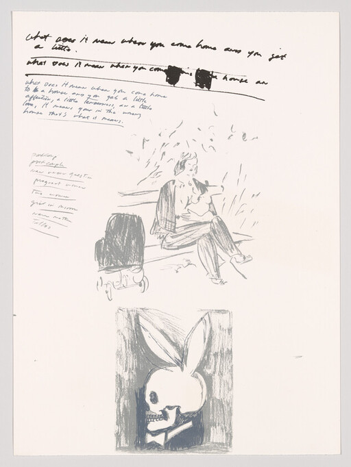 A page with loose sketches of a seated person with luggage and a rabbit-eared skull.