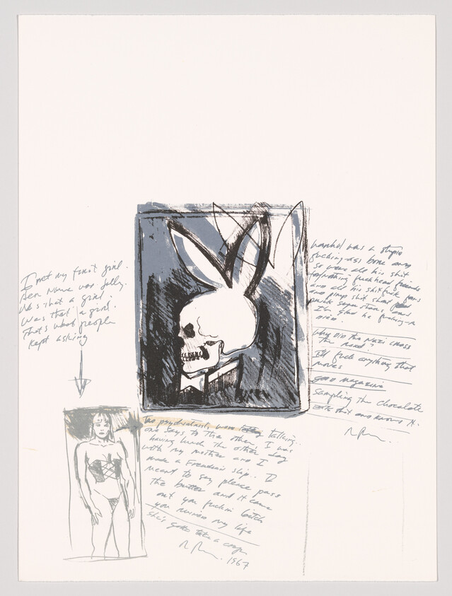 A skull wearing rabbit ears and a suit is drawn amid handwritten notes and a small figure sketch.