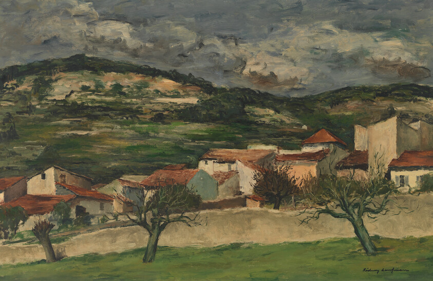 Impressionist-style painting depicting a rural landscape with a cluster of houses in the foreground. The houses have red-tiled roofs and white walls, some with visible patches of wear. In the foreground, there are a few trees with bare branches, suggesting it might be late autumn or winter. The background features rolling hills with patches of greenery and trees, under a dynamic, cloudy sky with shades of gray and white. The brushstrokes are loose and expressive, adding to the painting's rustic charm. The artist's signature is visible in the bottom right corner.